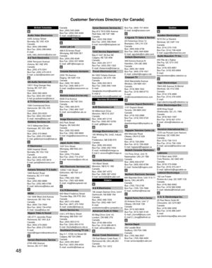 Page 4848
Customer Services Directory (for Canada)
British Columbia
a 
Audio Video Electronics
4450 Juneau Street
Burnaby, BC V5C 4C8
Canada
Bus: (604) 299-6969
Bus Fax: (604) 299-8464
E-mail:
audio_video_electronics@yahoo.com
A-Z Tech Electronics
3356 Tennyson Avenue
Victoria, BC V8Z 3P6
Canada
Bus: (250) 475-3341
Bus Fax: (250) 475-3315
E-mail: a-ztech@islandnet.com
g
GS Audio Services Ltd.
10511 King George Hwy
Surrey, BC V3T 2X1
Canada
Bus: (604) 582-4833
Bus Fax: (604) 951-9183
E-mail:...