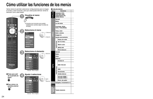 Page 242425
Funciones 
avanzadas
 Cómo utilizar las funciones de los menús
(imagen, sonido, calidad, etc.)
• En el modo AV, el menú Audio y el menú Ajuste ofrecen un número menor de opciones.
Menú Elemento Ajustes / Configuraciones (alternativas)EZ Sync
Grabador DVD, 
Cine para casa, 
Videocámara HD,
Salida altavoz[Grabadora DVD/Cine para casa/Videocámara HD]
Seleccione el equipo y utilícelo. (pág. 28-29)
[Salida altavoz]
Seleccione la salida de audio. (Externo/Interno) (pág. 28-29)
 Al menú EZ Sync se puede...