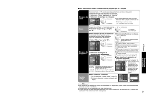 Page 313031
Funciones 
avanzadas
 Bloqueo
Menú
Audio
Bloqueo
Ajuste
Tarjeta memoria
Cronómetro Imagen EZ Sync
Crear contraseña
Ingresar contraseña
0
9
- ----
Bloqueo 
Modo       
Canal 
Juego 
Programa 
No
No
No
No
Cambio de contraseña
Bloquear canal
Modo 
Canal 1 
Canal 2 
Canal 3 
Usuario
3
4
-
Bloquear prog. 
Modo 
Salida a monitor 
MPAA 
U.S.TV 
Sí
Sí
No
No
C.E.L.R. 
C.F.L.R. 
No
NoBloquear prog. 
Modo 
Salida a monitor 
MPAA 
U.S.TV 
Sí
No
No
No
C.E.L.R. 
C.F.L.R. 
No
No
Bloqueo 
Modo        
Canal
Juego...