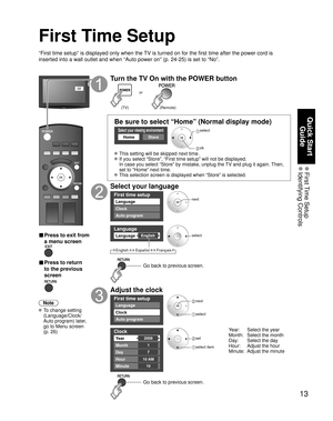 Page 1313
Quick Start 
Guide
 First Time  Setup Identifying  Controls
First Time Setup
“First time setup” is displayed only when the TV is turned on for the first time after the power cord is 
inserted into a wall outlet and when “Auto power on” (p. 24-25) is set to “No”.
or
■  Press to exit from 
a menu screen
 
■ Press to return 
to the previous 
screen 
Note
 To change setting 
(Language/Clock/
Auto program) later, 
go to Menu screen 
(p. 26)
Turn the TV On with the POWER button
or
(Remote) (TV)
Be sure to...