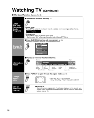 Page 1616
Watching TV (Continued)
■ Other Useful Functions (Operate after )
Listen
with SAP
(Secondary 
Audio 
Program)
■ Select Audio Mode for watching TV
 Digital mode
  Press SAP to select the next audio track (if available) when receiving a digital channel.
 
Audio track 1 of 2 
(English)
 Analog mode
  Press SAP to select the desired audio mode.
• Each press of SAP will change the audio mode. (Stereo/SAP/Mono)
Display the 
SUB MENU
■ Press SUB MENU to show sub menu screen. (p. 26)
  This menu consists of...