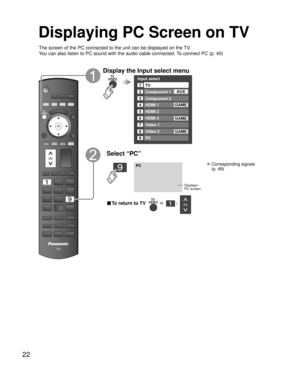 Page 2222
Displaying PC Screen on TV
The screen of the PC connected to the unit can be displayed on the TV.
You can also listen to PC sound with the audio cable connected. To connect PC (p. 40)
Display the Input select menu
Input select
2
3
4
5
8TV
Component 1
Component 2
HDMI 1
HDMI 2
Video 2
7Video 1
6HDMI 3
GAME
1
AUX
GAME
8Video 2GAME
9PC
GAME
Select “PC”
PC
Displays
PC screen
 Corresponding signals 
(p. 49)
■ To return to TV       /   