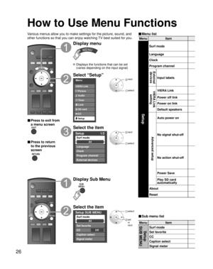 Page 2626
Menu Item
Setup 
SUB MENUSurf mode
Set favorite
CC
Caption select
Signal meter
Menu Item
Setup
Surf mode
Language
Clock
Program channel
External 
devices 
Input labels
VIERA Link 
settingVIERA Link
Power off link
Power on link
Default speakers
Advanced setup
Auto power on
No signal shut-off
No action shut-off
Power Save
Play SD card 
automatically
About
Reset
How to Use Menu Functions 
■ Menu list
■ Sub menu list Various menus allow you to make settings for the picture, sound, and 
other functions so...