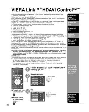 Page 2828
VIERA Link
TM
 “HDAVI Control
TM
”
  Simultaneously control all Panasonic “HDAVI Control” equipped components using one 
button on one remote.
VIERA Link
TM is a new name for EZ SyncTM.
Enjoy additional HDMI Inter-Operability with Panasonic products which have “HDAVI Control” function.
This TV supports “HDAVI Control 3” function.
Connections to the equipment (DVD recorder DIGA, HD Camcorder, Player theatre, RAM theater, 
Amplifier, etc.) with HDMI cables allow you to interface them automatically.
The...