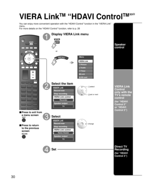 Page 3030
VIERA Link
TM
 “HDAVI Control
TM
” 
You can enjoy more convenient operation with the “HDAVI Control” function in the “VIERA Link” 
menu.
For more details on the “HDAVI Control” function, refer to p. 28
SUBMENU
■ Press to exit from 
a menu screen
■ Press to return 
to the previous 
screen
Display VIERA Link menu
Menu
Audio
Lock
SD card Timer Picture VIERA Link
or
Select the item
Record now
Stop recording
Speaker output
TV
VIERA Link control
Recorder
 select
 set or next
Select
Record now
Stop...