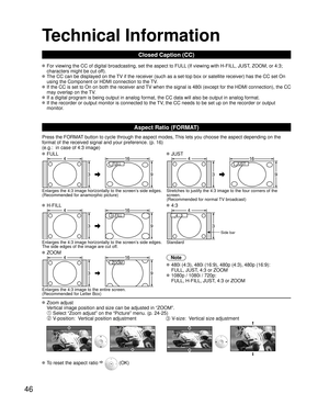 Page 4646
Technical Information
Closed Caption (CC)
 For viewing the CC of digital broadcasting, set the aspect to FULL (If viewing with H-FILL, JUST, ZOOM, or 4:3; 
characters might be cut off).  
 The CC can be displayed on the TV if the receiver (such as a set-top box or satellite receiver) has the CC set On 
using the Component or HDMI connection to the TV.  
 If the CC is set to On on both the receiver and TV when the signal is 480i (except for the HDMI connection), the CC 
may overlap on the TV.
 If a...