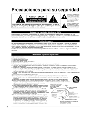 Page 644
ADVERTENCIA:  Para reducir el riesgo de sufrir una descarga eléctrica, no retire la 
cubierta ni el panel posterior. En el interior no hay piezas que deba reparar el usuario. 
Solicite las reparaciones al personal de servicio calificado.
ADVERTENCIA
NO ABRIR, RIESGO 
DE CHOQUE ELECTRICO
CABLE PRINCIPAL
A TIERRA
UNIDAD DE 
DESCARGA
A TIERRA (SECCIÓN
NEC 810-20)
CONDUCTORES A
TIERRA (SECCIÓN NEC
810-21)
ABRAZADERAS A TIERRA
SERVICIO DE ENERGIA DEL SlSTEMA DE 
ELECTRODOS A TIERRA
(ART. 250 NEC. PARTE H)...