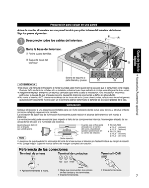 Page 677
Guía de inicio 
rápido
 Accesorios/Accesorio  opcional
A
B
AA
Preparación para colgar en una pared
Antes de montar el televisor en una pared tendrá que quitar la base del televisor del mismo.
Siga los pasos siguientes:
Coloque el receptor a una distancia confortable para ver. Evite colocarlo donde la luz solar directa u otra luz brillante 
(incluidos reflejos) caiga sobre la pantalla.
La utilización de algún tipo de iluminación fluorescente puede reducir el alcance del transmisor del mando a...