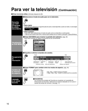 Page 7616
Para ver la televisión (Continuación)
■ Otras funciones útiles (Utilícelas después de )
Escucha
con SAP
(Programa
de audio
secundario)
■ Seleccione el modo de audio para ver la televisión.
 Modo digital
 
Pulse SAP para seleccionar la siguiente pista de audio (si está disponible) cuando se recibe un canal digital.
 Pista de audio 1 de 2
(Ingles)
 Modo analógico
  Pulse SAP para seleccionar el modo de audio como se describe a continuación.
•  
Cada vez que se pulsa el botón SAP, el modo de audio...