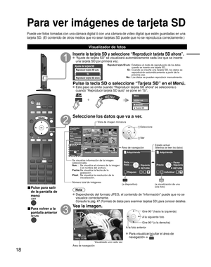 Page 7818
Para ver imágenes de tarjeta SD
Puede ver fotos tomadas con una cámara digital ó con una cámara de vídeo digital que estén guardadas en una 
tarjeta SD. (El contenido de otros medios que no sean tarjetas SD puede que no se reproduzca correctamente.)
Visualizador de fotos
■ Pulse para salir 
de la pantalla de 
menú
■ Para volver a la
pantalla anterior
Inserte la tarjeta SD y seleccione “Reproducir tarjeta SD ahora”.
 “Ajuste de tarjeta SD” se visualizará automáticamente cada vez que se inserte 
una...