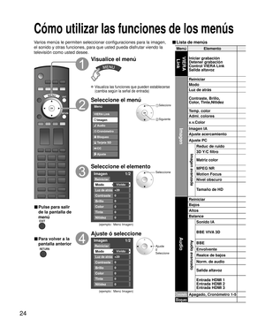 Page 8424
Menú Elemento
VIERA 
LinkIniciar grabación
Detener grabación
Control VIERA Link 
Salida altavoz
Imagen
Reiniciar
Modo
Luz de atrás
Contraste, Brillo,
Color, Tinte,Nitidez
Temp. color
Admi. colores
x.v.Color
Imagen IA
Ajuste acercamiento
Ajuste PC
Imagen avanzada
Reduc de ruido
3D Y/C filtro 
Matriz color
MPEG NR
Motion Focus
Nivel obscuro
Tamaño de HD
Audio
Reiniciar
Bajos
Altos
Balance
Audio avanzado
Sonido IA
BBE VIVA 3D
BBE
Envolvente
Realce de bajos
Norm. de audio
Salida altavoz
Entrada HDMI 1...