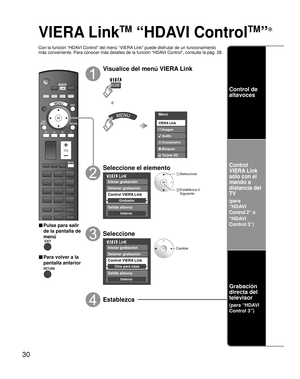 Page 9030
VIERA Link
TM
 “HDAVI Control
TM
” 
Con la función “HDAVI Control” del menú “VIERA Link” puede disfrutar de un funcionamiento 
más conveniente. Para conocer más detalles de la función “HDAVI Control”, consulte la pág. 28.
SUBMENU
■ Pulse para salir 
de la pantalla de 
menú
■ Para volver a la 
pantalla anterior
Visualice del menú VIERA Link
Menú
Audio
Bloqueo
Tarjeta SD Cronómetro Imagen VIERA Link
ó
Seleccione el elemento
Iniciar grabación
Detener grabación
Salida altavoz
Interno
Control VIERA Link...