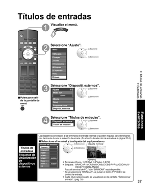 Page 9737
Funciones 
avanzadas
 Títulos de entradas
 Subtítulos
Títulos de entradas
Títulos de 
entradass
Etiquetas de 
visualización 
de 
dispositivos 
externos
Los dispositivos conectados a los terminales de entrada externos se pueden etiquetar para identificarlos 
más fácilmente durante la selección de entrada. (En el modo de selección de entrada de la página 20 
)
■ Seleccione el terminal y la etiqueta del equipo externo.
-PC
Custom
3
4
-
-
Títulos de entradas
Componente 1
HDMI 1
HDMI 2
HDMI 3...