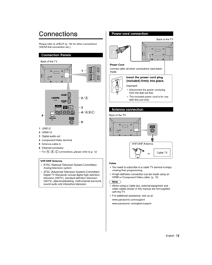 Page 1111English
 Power cord connection
 
 Power Cord
 Connect after all other connections have been 
made. Back of the TV
 
 Insert the power cord plug 
(included) firmly into place.
 Important:
●   Disconnect the power cord plug 
from the wall out first.
●   The included power cord is for use 
with this unit only

.
 Antenna connection
 
 Back of the TV
  VHF/UHF Antenna or 
Cable TV
 Cable
●   You need to subscribe to a cable TV service to enjoy 
viewing their programming.
●   A high-definition connection...