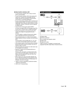 Page 1313English
 Audio connection
 
 
  Optical cable
 
 DIGITAL AUDIO IN
 
 e.g. Amplifier with speaker system
 
 HDMI cable
 
 HDMI OUT (ARC)
 HDMI connection is available if connected audio 
equipment has ARC (Audio Return Channel) function.
 
■ About built-in wireless LAN
● 
 To use the built-in wireless LAN, using an access 
point is recommended.
●   To use the built-in wireless LAN in the access point 
mode, up to 7 devices are connectable. But the 
transfer rate will vary according to communication...