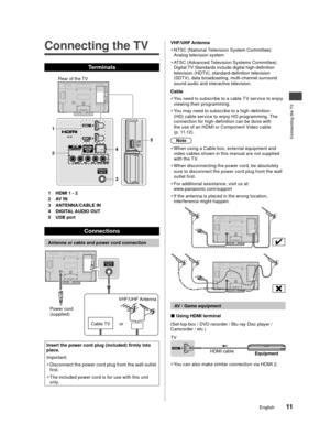 Page 12Connecting the TV
11English
et. 
ng 
he 
pth of ew
e)
m)
m)
m)
arry 
s 
that 
r 
s or 
 
nd 
njury rrect 
Connecting the TV
Terminals
Rear of the TV
2 1 4
3 5
1 HDMI 1 - 2
2 AV IN
3 ANTENNA/CABLE IN
4 DIGITAL AUDIO OUT
5 USB port
 Connections
 Antenna or cable and power cord connection
Cable TV
Power cord 
(supplied) VHF/UHF Antenna
or
Insert the power cord plug (included) firmly into 
place.
Important:   
●
Disconnect the power cord plug from the wall outlet 
fi

rst.
 
●
The included power cord is for...