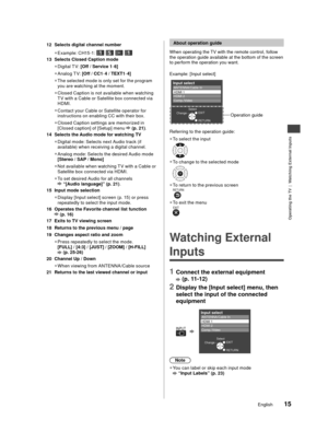 Page 16Operating the TV  |  Watching External Inputs
15English
o 
nner 
ype 
a 
ond 
nu  12 Selects digital channel number
 
●
Example: CH15 -1: 
13  Selects Closed Caption mode
 
●
Digital T V: [Off / Service 1- 6]
 
●
Analog T V: [Off / CC1- 4 / TEXT1-4]
 
●
The selected mode is only set for the program 
yo u a

re watching at the moment.
 
●
Closed Caption is not available when watching
TV w

ith a Cable or Satellite box connected via 
HDMI.
 
●
Contact your Cable or Satellite operator for 
in

structions on...