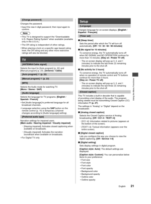 Page 22Using the Menu Functions
21English
e you 
” 
nsult 
will 
after 
s of 
lock 
S. 
tings.
 [Change password]
Changes the password.   
●
Input the new 4-digit password, then input again to
co

nfirm.
Note
 
●
This T V is designed to suppor t the “Downloadable 
U. S

. Region Rating System” when available (available 
only in the U.S.A.).
 
●
The Off rating is independent of other ratings.
 
●
When placing a lock on a specific-age-based-rating 
le

vel, the Off rating and any other more restrictive 
ratings...