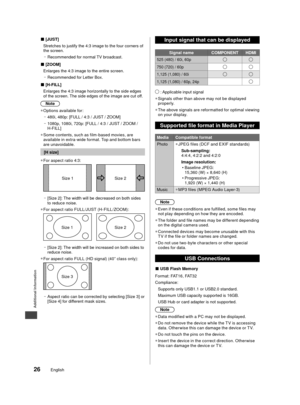 Page 27Additional Information
26English
■[JUST]
Stretches to justify the 4:3 image to the four corners of 
the screen.   
–
Recommended for normal TV broadcast.
■[ZOOM]
Enlarges the 4:3 image to the entire screen.  
–
Recommended for Letter Box.
■ [H-FILL]
Enlarges the 4:3 image horizontally to the side edges 
of the screen. The side edges of the image are cut off.
Note
 
●
Options available for:
 
–
480i, 480p: [FULL  / 4:3 / JUST

 / ZOOM]
 
–
1080p, 1080i, 720p: [FULL / 4:3 / JUST / ZOOM / 
H-FILL]
 
●
Some...