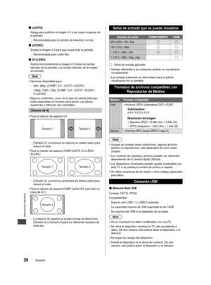 Page 27Información adicional
26Español
 
■[JUSTO]
Alarga para justificar la imagen 4:3 a las cuatro esquinas de 
la pantalla.   
–
Recomendada para la emisión de televisión normal.
 
■[ACERC]
Amplía la imagen 4:3 para que ocupe toda la pantalla.  
–
Recomendada para Letter Box.
 
■ [H-LLENO]
Amplía horizontalmente la imagen 4:3 hasta los bordes 
laterales de la pantalla. Los bordes laterales de la imagen 
se recortan.
Nota
 
●Opciones disponibles para:
 
–
480i, 480p: [COMP / 4:3 / JUSTO / ACERC]
 
–
1080p,...