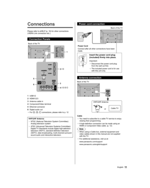 Page 1111English
  Power cord connection
 
 
Power Cord
  Connect after all other connections have been 
made.  Back of the TV
 
 
Insert the power cord plug 
(included) firmly into place.
  Important:
●  
Disconnect the power cord plug 
from the wall out first.
●  
The included power cord is for use 
with this unit only.
  Antenna connection
 
 
Back of the TV
  VHF/UHF Antenna
  or  Cable TV
 
Cable
●  
You need to subscribe to a cable TV service to enjoy 
viewing their programming.
●  
A high-definition...