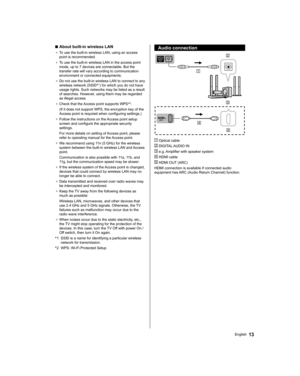 Page 1313English
  Audio connection
 
 
  Optical cable
 
 DIGITAL AUDIO IN
 
 e.g. Amplifier with speaker system
 
 HDMI cable
 
 HDMI OUT (ARC)
  HDMI connection is available if connected audio 
equipment has ARC (Audio Return Channel) function.
  ■ 
About built-in wireless LAN
●  
To use the built-in wireless LAN, using an access 
point is recommended.
●  
To use the built-in wireless LAN in the access point 
mode, up to 7 devices are connectable. But the 
transfer rate will vary according to communication...
