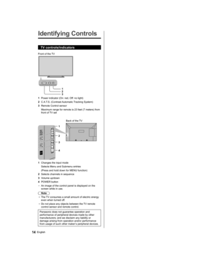 Page 1414English
   
Identifying Controls
 
TV controls/indicators
    Front of the TV
 
1
  2
  3
  1  Power indicator (On: red, Off: no light)
  2  C.A.T.S. (Contrast Automatic Tracking System)
  3  Remote Control sensor
  Maximum range for remote is 23 feet (7 meters) from 
front of TV set
 
 
  Back of the TV
 
1
  2
  4   3
 
1  Changes the input mode
  Selects Menu and Submenu entries
  (Press and hold down for MENU function)
  2  Selects channels in sequence
  3 Volume up/down
  4 POWER button
  • 
An...