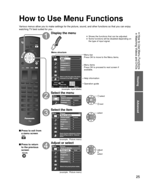 Page 2525
Viewing
25
Viewing
Advanced
 How to Use Menu Functions Watching Videos and DVDs
How to Use Menu Functions
Various menus allow you to make settings for the picture, sound, and othe\
r functions so that you can enjoy 
watching TV best suited for you.
 Press to exit from a menu screen
 Press to return to the previous 
screen
 
Display the menu
  Shows the functions that can be adjusted.  Some functions will be disabled depending on  the type of input signal.
Edit
RETURN
ABC Delete
abc
Menu
Select or...