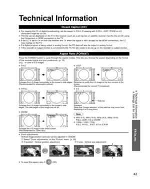 Page 4343
FAQs, etc.
 Technical Information Ratings List for Lock
Technical Information
Closed Caption (CC)
 For viewing the CC of digital broadcasting, set the aspect to FULL (If viewing with H-FILL, JUST, ZOOM or 4:3; 
characters might be cut off).  
 The CC can be displayed on the TV if the receiver (such as a set-top box or satellite receiver) has t\
he CC set On using 
the Component or HDMI connection to the TV.  
 If the CC is set to On on both the receiver and TV when the signal is 480i (except for the...