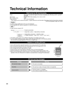 Page 4444
Technical Information
Data format for SD Card browsing
Photo:Still images recorded with digital still cameras compatible with JPEG fi\
les of DCF* and EXIF** 
standards
Data format:Baseline JPEG (Sub-sampling: 4:4:4, 4:2:2 or 4:2:0)Max. number of files:9,999Image resolution:160 x 120 to 20,000,000
 * DCF (Design rule for camera file system):  A Japan Electronics and Information Technology Industries Association’s standard  ** EXIF (Exchangeable Image File Format)
Caution
 A JPEG image modified with a...
