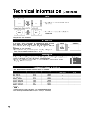 Page 4646
Technical Information (Continued)
H size
 Aspect Ratio: 4:3
Size 1Size 2 The width will be decreased on both sides to 
reduce noise.
 Aspect Ratio: FULL/JUST(H-FILL/ZOOM)
Size 1Size 2 The width will be increased on both sides to 
reduce noise.
See page 26 for more information
4:3 side bars
Do not display a picture in 4:3 mode for an extended period, as this can\
 cause 
“Image retention” to remain on either or both sides of the display\
 field.
To reduce the risk of such “Image retention”, change the...