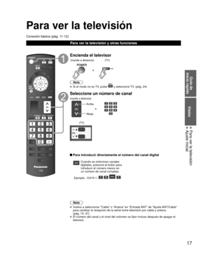 Page 1717
Guía de 
inicio rápido
Visión
  Para ver la televisión Ajuste Inicial
Para ver la televisión
Conexión básica (pág. 11-12)
Para ver la televisión y otras funciones
Encienda el televisor
o
(mando a distancia) (TV)
Nota
  Si el modo no es TV, pulse  y seleccione TV. (pág. 24)
Seleccione un número de canal
Arriba
Abajo
o
(mando a distancia)
(TV)
 Para introducir directamente el número del canal digital
Cuando se sintonicen canales 
digitales, presione el botón para 
introducir el número menor en 
un...