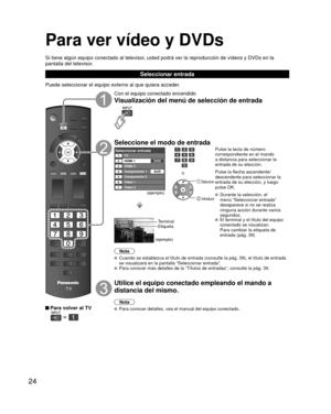 Page 2424
Para ver vídeo y DVDs
Si tiene algún equipo conectado al televisor, usted podrá ver la reproducción de vídeos y DVDs en la 
pantalla del televisor.
Seleccionar entrada
Puede seleccionar el equipo externo al que quiera acceder.
 Para volver al TV
  
Con el equipo conectado encendido
Visualización del menú de selección de entrada
Seleccione el modo de entrada
Seleccionar entradaTV1234567
HDMI 1
HDMI 2
Componente 1
Video 2
Componente 2
Video 1
DVD
AUX
(ejemplo)
o
 Seleccione
 Introducir
Pulse la tecla de...