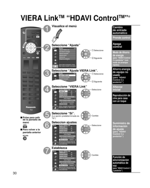 Page 3030
VIERA LinkTM “HDAVI ControlTM”
Cambio 
de entrada 
automático
Prende control
Apaga 
control
Modo de Ahorro 
de energía
(para “HDAVI Control 
4 o posterior” (con 
modo de arranque 
rápido))
Ahorro energía 
de equipo no 
usado
 (para “HDAVI 
Control 2 o 
posterior”)
Altavoz 
inicial
Reproducción de 
cine para casa 
con un toque
Suministro de 
información 
de ajuste
(para “HDAVI 
Control 3 o 
posterior”)
Función de 
sincronización 
automática de 
voz
(para “HDAVI Control 3 
o posterior”)
 Pulse para...
