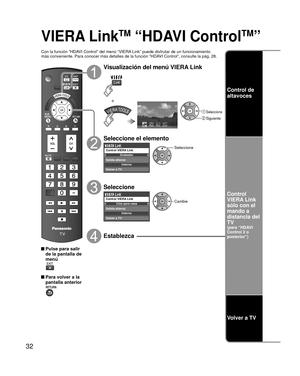 Page 3232
VIERA LinkTM “HDAVI ControlTM”
Con la función “HDAVI Control” del menú “VIERA Link” puede disfrutar de un funcionamiento
más conveniente. Para conocer más detalles de la función “HD\
AVI Control”, consulte la pág. 28.
 Pulse para salir de la pantalla de 
menú
 Para volver a la pantalla anterior
Visualización del menú VIERA Link
 Seleccione
 Siguiente
VIERA Link
o
Seleccione el elemento
Grabador
Interno
Control VIERA Link
Salida altavoz
Volver a TVSeleccione
Seleccione
Cine para casa
Interno
Control...