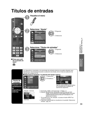 Page 3939
Funciones 
avanzadas
 Títulos de entradas
 Subtítulos
Títulos de entradas
Títulos de 
entradas
Etiquetas de 
visualización 
de 
dispositivos 
externos
Los dispositivos conectados a los terminales de entrada externos se pued\
en etiquetar para 
identificarlos más fácilmente durante la selección de entrada. \
(En el modo de selección de 
entrada de la página 24 
) Seleccione el terminal y la etiqueta del equipo externoMenúTítulos de entradas
HDMI 2
Componente 1
Video 2 Video 1 HDMI 1
Componente 2...