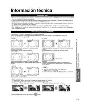 Page 4343
Preguntas
 frecuentes, etc.
 Información técnica
 Lista de clasificaciones para el bloqueo
Información técnica
Subtítulos (CC)
 Para ver los CC de las emisiones digitales, establezca la relación de\
 aspecto en COMP. (si está viendo con H-LLENO, 
JUSTO, ACERC o 4:3 faltarán caracteres).
 Los CC se pueden visualizar en el televisor si el receptor (receptor di\
gital multimedia o receptor de satélite) tiene los 
CC encendidos usando la conexión de componente o HDMI al televisor.
 Si los CC está...