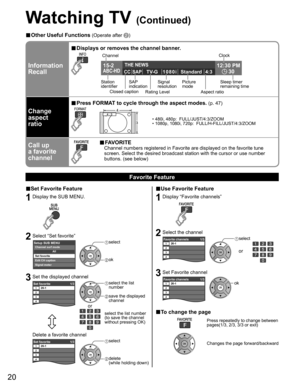 Page 20
20
Watching TV
Watching TV (Continued)
■ Other Useful Functions (Operate after )
Information
Recall
■ Displays or removes the channel banner.
15-2 12:30 PM
30THE NEWS 
CC SAP
TV-G 1080i Standard 4:3ABC-HD
Channel
Station 
identifier SAP
indication Signal
resolution
Rating Level Picture
mode
Sleep timer
remaining time
Aspect ratio
Closed caption Clock
Change
aspect
ratio
■
 Press FORMAT to cycle through the aspect modes. (p. 47)
• 480i, 480p:  FULL/JUST/4:3/ZOOM
• 1080p, 1080i, 720p:...