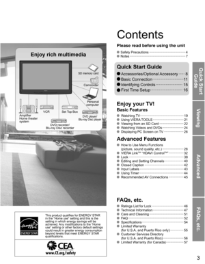 Page 3
3
Viewing
Advanced
FAQs, etc.
Quick Start Guide
This product qualifies for ENERGY STAR 
in the “Home use” setting and this is the 
setting in which energy savings will be 
achieved. Any modifications to the “Home 
use” setting or other factory default settings 
could result in greater energy consumption 
beyond levels that meet ENERGY STAR 
qualifications.
 Watching TV  ··················\
··················\
··········· 19 Using VIERA TOOLS ··················\
··············· 21  Viewing from an SD...