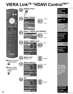 Page 34
34
VIERA LinkTM “HDAVI ControlTM” 
Automatic
Input
Switching
Power on 
link
Power off 
link
Stand-by 
power save 
(for “HDAVI 
Control 4” (with 
quick start mode))
Auto power 
stand-by 
(for “HDAVI 
Control 2 or 
later”)
Default
speakers
One-touch
theater
playback
Providing 
the setting 
information
(for “HDAVI 
Control 3 or 
later”)
Automatic lip-
sync function 
(for “HDAVI 
Control 3 or later”)
■ Press to exit from 
a menu screen
■ Press to return 
to the previous 
screen
Display menu
Select “Setup”...