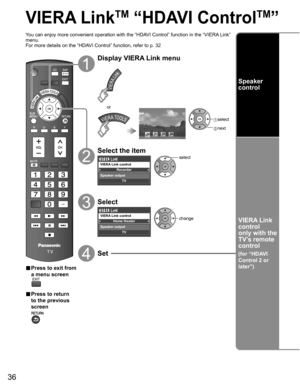 Page 36
36
VIERA LinkTM “HDAVI ControlTM” 
You can enjoy more convenient operation with the “HDAVI Control” function in the “VIERA Link” 
menu.
For more details on the “HDAVI Control” function, refer to p. 32
■ Press to exit from 
a menu screen
■ Press to return 
to the previous 
screen
Display VIERA Link menu
 select
 next
VIERA Link
or
Select the item
Recorder
TV
VIERA Link control
Speaker output
select
Select
Home theater
TV
VIERA Link control
Speaker outputchange
Set
Speaker 
control
VIERA Link
control
only...