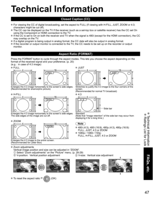 Page 47
47
FAQs, etc.
 Technical Information Ratings List for Lock
Technical Information
Closed Caption (CC)
 For viewing the CC of digital broadcasting, set the aspect to FULL (If viewing with H-FILL, JUST, ZOOM or 4:3; characters might be cut off).  
 The CC can be displayed on the TV if the receiver (such as a set-top box or satellite receiver) has t\
he CC set On using the Component or HDMI connection to the TV.  
 If the CC is set to On on both the receiver and TV when the signal is 480i (except for the...