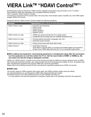 Page 24
24
 VIERA LinkTM  “HDAVI ControlTM”
Simultaneously control all Panasonic “HDAVI Control” equipped components using one button on the TV remote.
Enjoy additional HDMI Inter-Operability with compatible Panasonic produc\
ts.
This TV supports “HDAVI Control 5” function.
Connections to equipment (DVD recorder DIGA, HD Camcorder, Home theater system, Amplifier, etc.) with HDMI cables 
enables VIERA Link controls.
Equipment with the “HDAVI Control” function enables the following operations:
Version Operations...