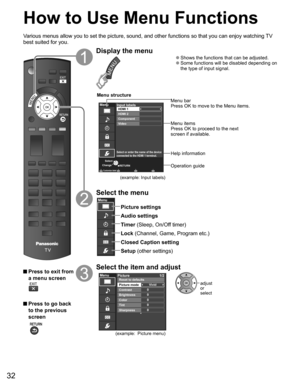 Page 32
32
 How to Use Menu Functions
Various menus allow you to set the picture, sound, and other functions so\
 that you can enjoy watching TV 
best suited for you.
 Press to exit from a menu screen
 Press to go back to the previous 
screen
 
Display the menu
 
●Shows the functions that can be adjusted. 
●Some functions will be disabled depending on 
the type of input signal.
RETURNCustomize label
Menu
Select or enter the name of the device
connected to the HDMI 1 terminal.
Input labels
Component
Video HDMI 2...