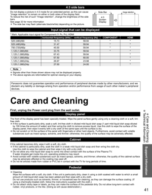 Page 41
41
Support Information
 Care and Cleaning
 Technical Information
 4:3 side bars
Do not display a picture in 4:3 mode for an extended period, as this can\
 cause 
“Image retention” to remain on either or both sides of the display\
 field.
To reduce the risk of such “Image retention”, change the brightness\
 of the side 
bars.
See page 33 for more information
 
●The side bar may flash (alternate black/white) depending on the pictur\
e.
Side Bar
4:3
Screen
DisplayImage retention
Input signal that can be...