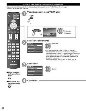 Page 2828
El menú  VIERA Link y características disponibles
Algunas características están deshabilitadas dependiendo de la versión “HDAVI Control” del equipo.
Por favor verifique la lista. (pág. 24)
 Pulse para salir 
de la pantalla de 
menú
 Para volver a la 
pantalla anterior
Visualización del menú VIERA Link
o
 Seleccione
 Siguiente
Seleccione el elemento
Grabador
Interno
Control VIERA Link
Salida altavoz
Volver a TV
Seleccione
  Los elementos en el menú VIERA Link pueden 
desactivarse si se conecta un...