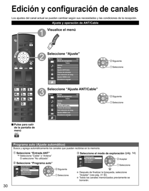 Page 3030
Edición y  configuración de canales
 
Programa auto (Ajuste automático)
Busca y agrega automáticamente los canales que pueden recibirse en la memoria.
 Seleccione “Entrada ANT”    
Seleccione “Cable” o “Antena” 
O seleccione “No utilizado”
 Seleccione “Programa auto”
 Siguiente
 Seleccione
MenúCableAjuste ANT/CableEntrada ANT
Programa auto
Programa manual
Medidor de señal
 Seleccione el modo de  exploración (pág. 14)MenúPrograma autoTodos los canales
Sólo analógico
Sólo digital Aceptar
 Seleccione...
