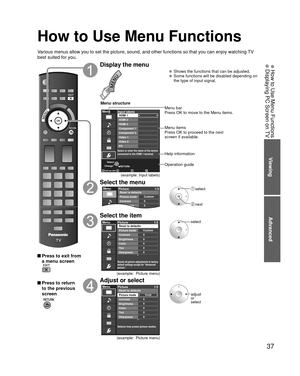 Page 3737
Viewing
Advanced
 How to Use Menu Functions  Displaying PC Screen on TV
How to Use Menu Functions
Various menus allow you to set the picture, sound, and other functions so\
 that you can enjoy watching TV 
best suited for you.
 Press to exit from a menu screen
 Press to return to the previous 
screen
 
Display the menu
  Shows the functions that can be adjusted.  Some functions will be disabled depending on  the type of input signal.
RETURNAdd user label
Menu
Select or enter the name of the device...