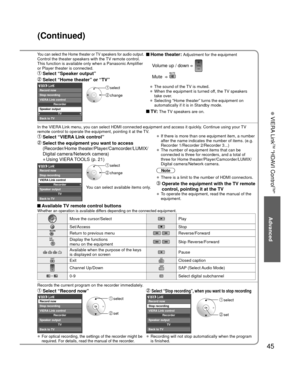 Page 4545
Advanced
 VIERA Link
TM “HDAVI Control
TM”
You can select the Home theater or TV speakers for audio output.Control the theater speakers with the TV remote control.
This function is available only when a Panasonic Amplifier 
or Player theater is connected. Home theater: Adjustment for the equipment
  Volume up / down  
 Mute   
• The sound of the TV is muted.
• When the equipment is turned off, the TV speakers 
take over.
• Selecting “Home theater” turns the equipment on 
automatically if it is in...