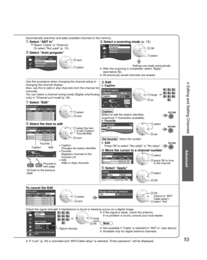 Page 5353
Advanced
 Editing and Setting Channels
Automatically searches and adds available channels to the memory.
 Select “ANT in”    Select “Cable” or “Antenna” 
Or select “Not used” (p. 15).
 Select “Auto program”
MenuCableANT/Cable setupANT in
Auto program
Manual program
Signal meter next
 select
 Select a scanning mode 
(p. 15)MenuAuto programAll channels
Analog only
Digital only OK
 select
Settings are made automatically  After the scanning is completed, select “Apply”.
(see below ). All previously saved...